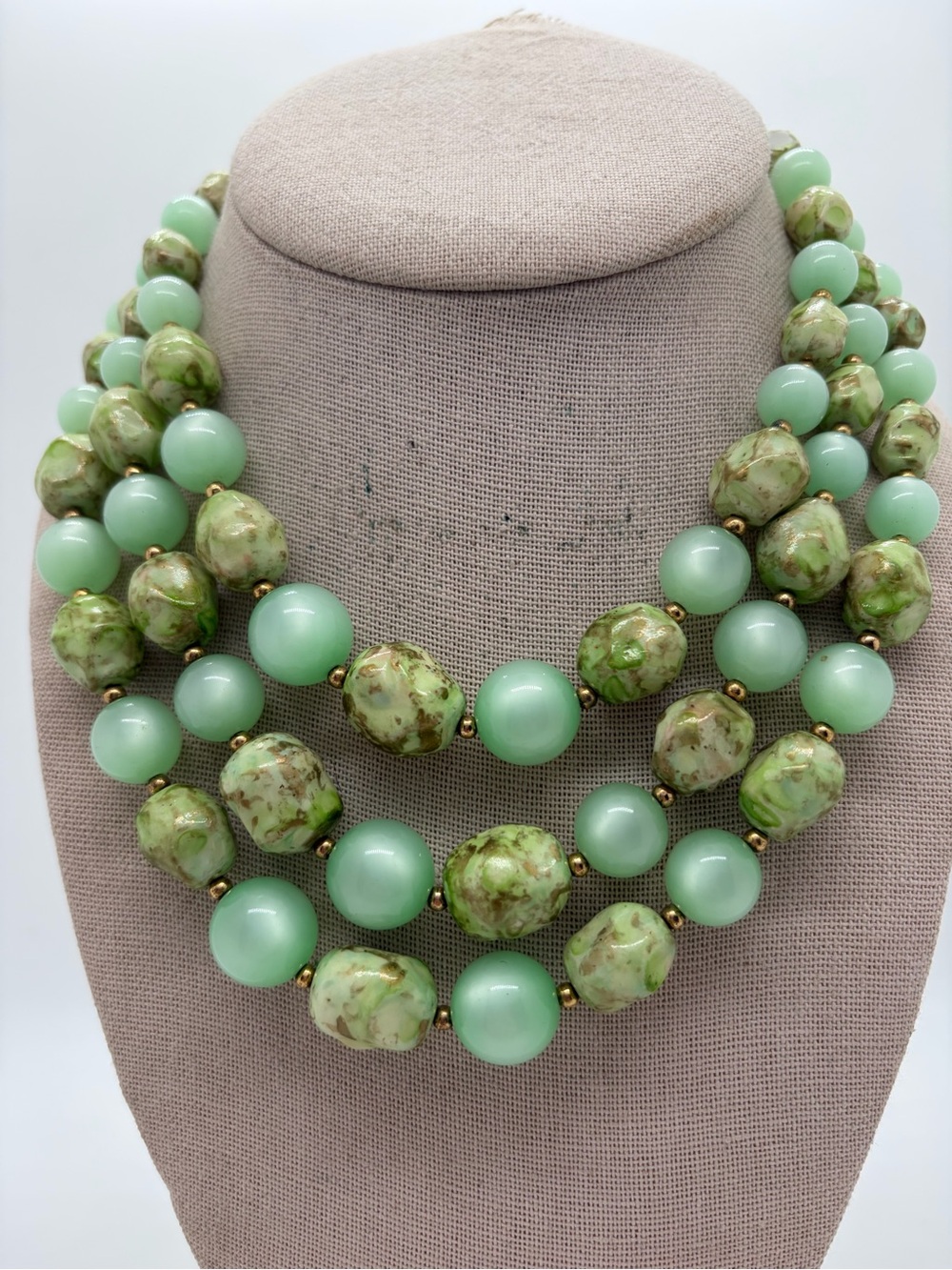 Vintage gold tone plastic green triple layer beaded necklace